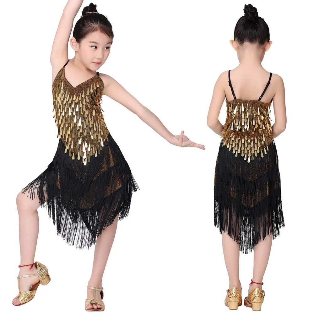 

Sequined Latin Dance Skirt with Fringe - Adjustable Strap Dress for Girls Sparkly Sequined Sleeveless Dress (Height 120-160cm)