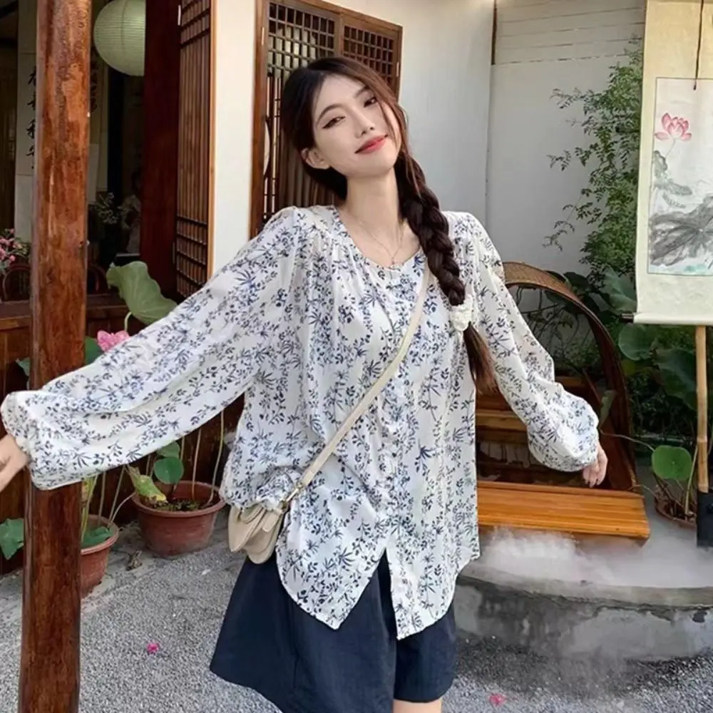 

Korean Style Sweet Puff Sleeve Blouse Loose Casual Floral Blouse Retro Ins Flower Shirt Top Streetwear