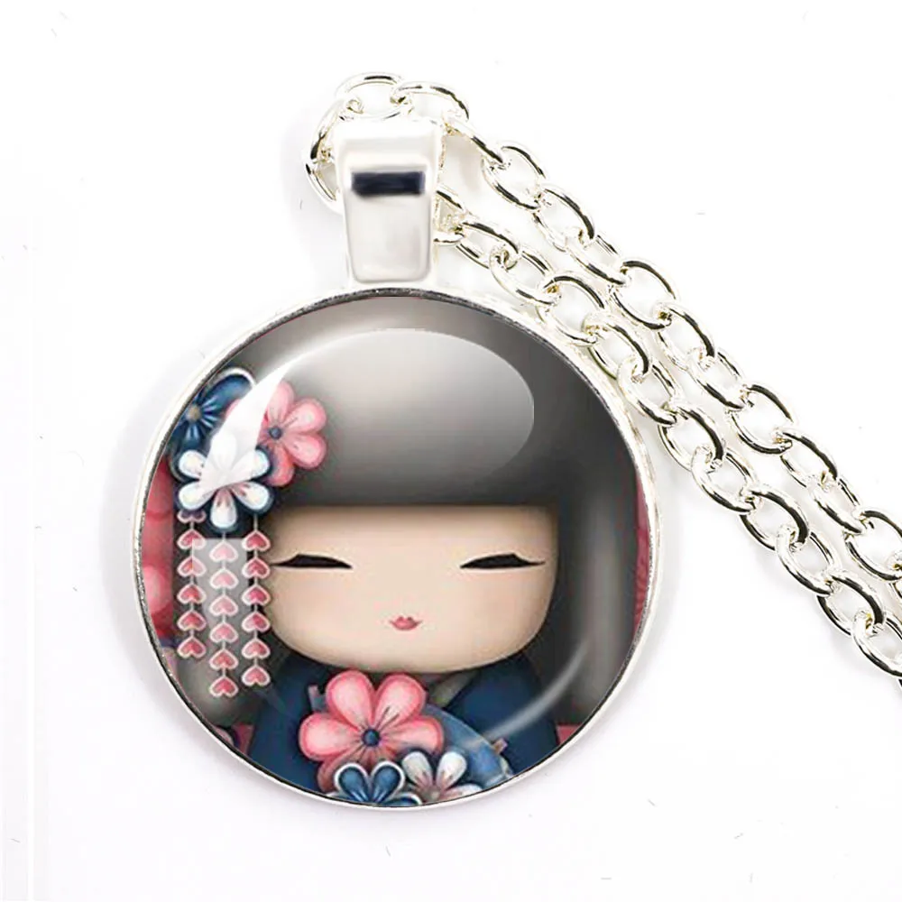 Japanese Kokeshi Doll Kimono Lovely Girl Face Necklace Glass Cabochon Pendant Charm Jewelry Cute Girl Necklace Gift For Friends