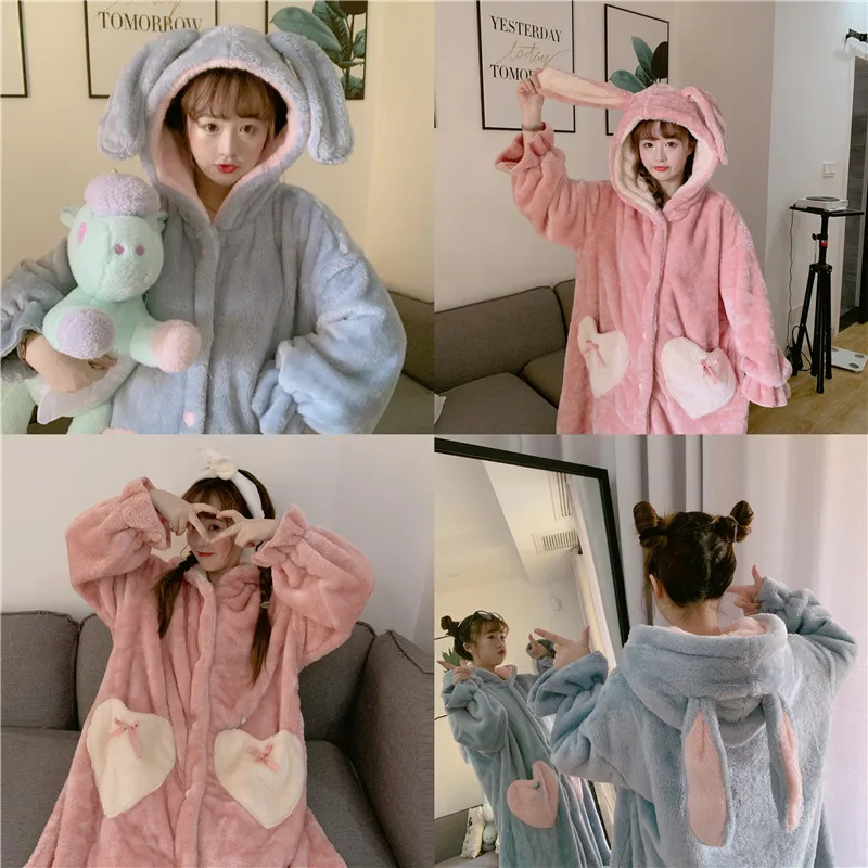 Winter Fashion Warm Comfortable Midi Robe Women Sweet Girl Cute Big Rabbit  Ear Loose Bathrobe Long Sleeve Dressing Gown Female - AliExpress 200574005