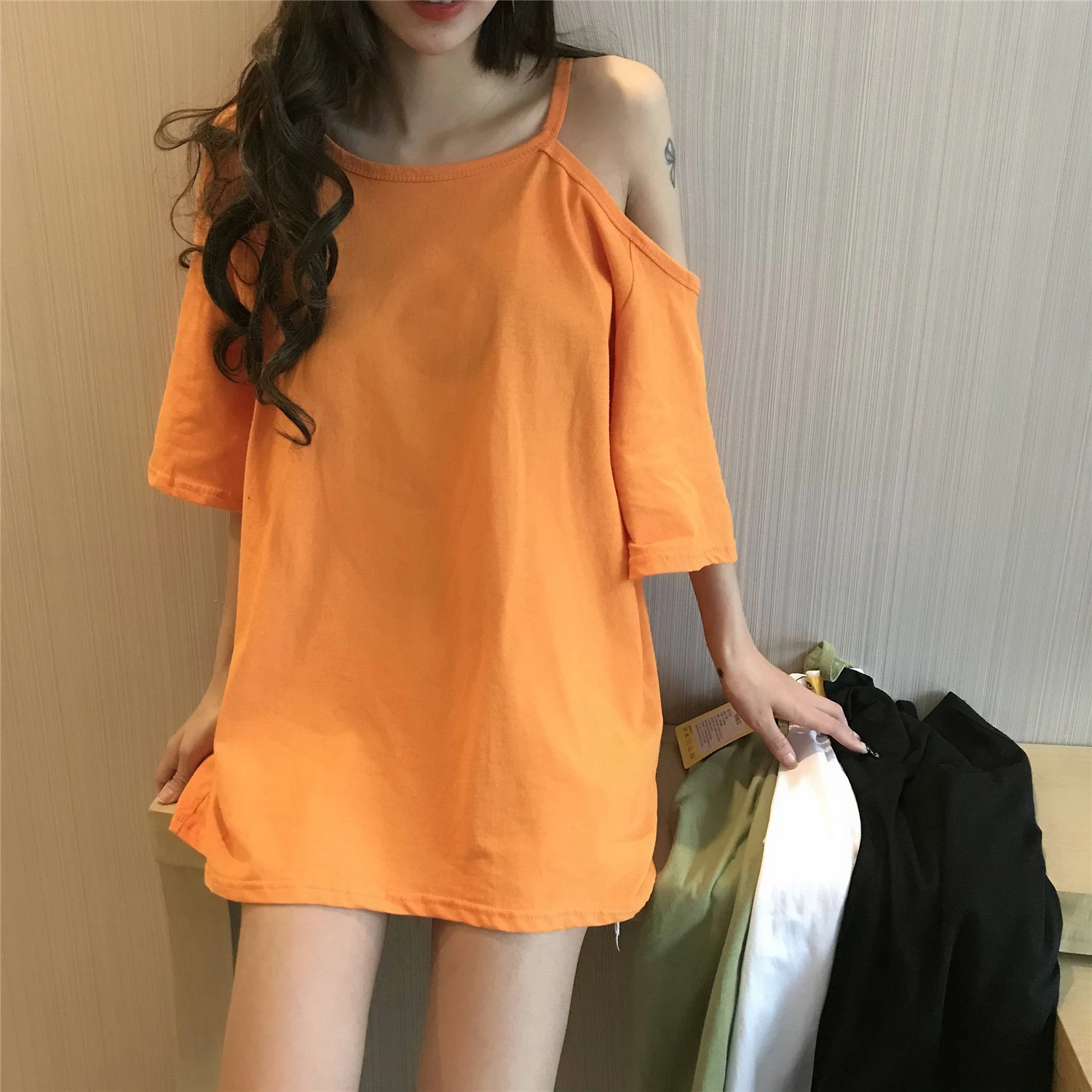 2023 Summer New Women's Tees Mid-length Loose Off Shoulder Short Sleeve T-shirt Korean Female Solid Chic Casual Tops