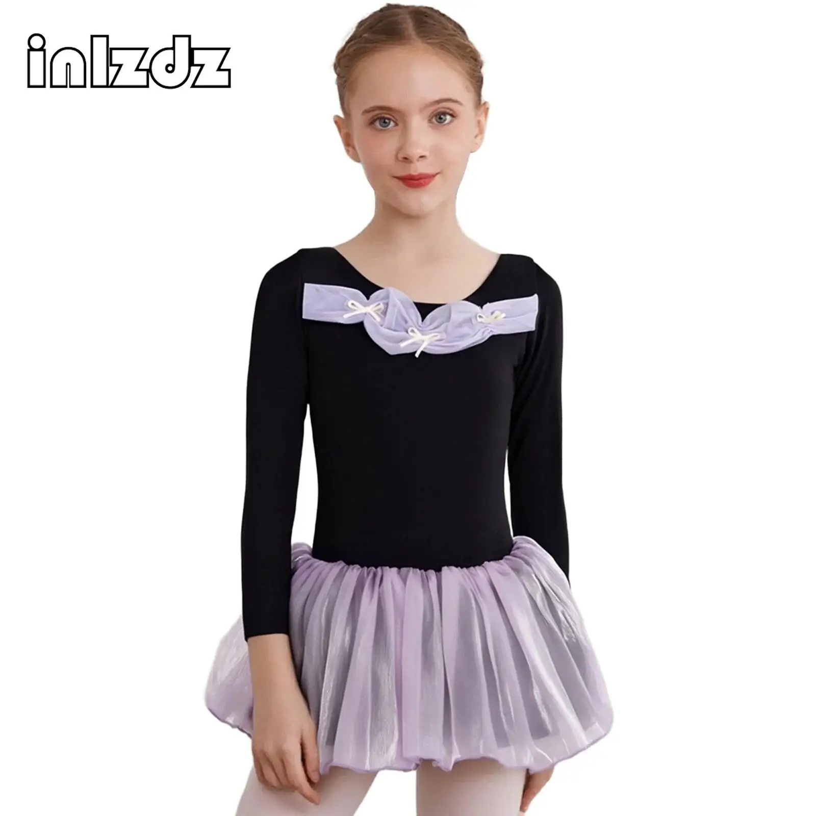 

Girls Ballet Tutu Dance Dress Long Sleeve Cute Bowknots Tulle Dress Ballet Dancewear for Stage Performance Competition Costume