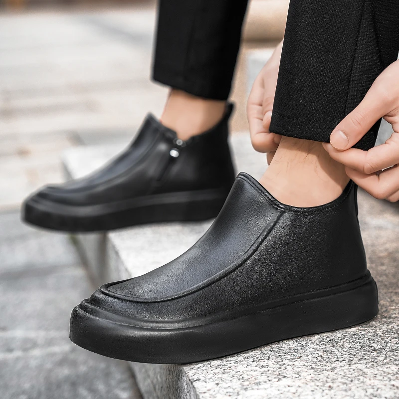 Men's Black Boots Versatile Casual Leather Boots Zipper PU Flat Bottom Casual Walking Shoes Autumn and Winter Men One Foot Shoes