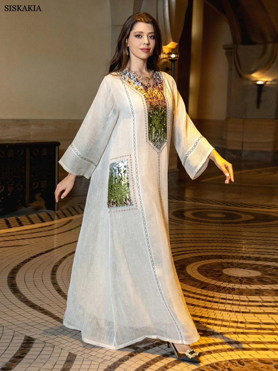 Siskakia Dubai Luxury Abaya For Women Arab Moroccan Fashion Sequins Long Sleeve Loose Caftan Kuwaiti Gulf Muslim Ramadan Dress