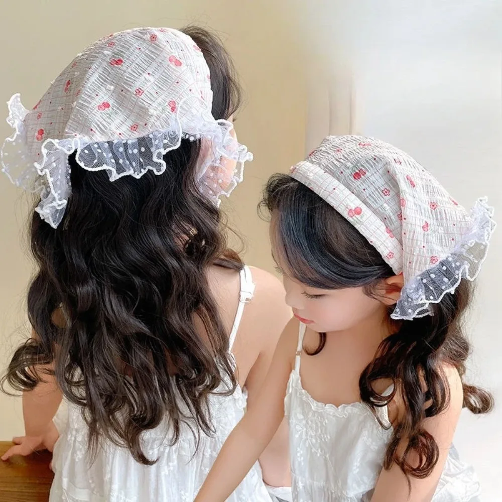 Baby Girls Headband Toddler Triangle Headscarf Lace Ruffle Flower Print Mesh Strawberry Sweet Soft Summer Photo Hair Accessories