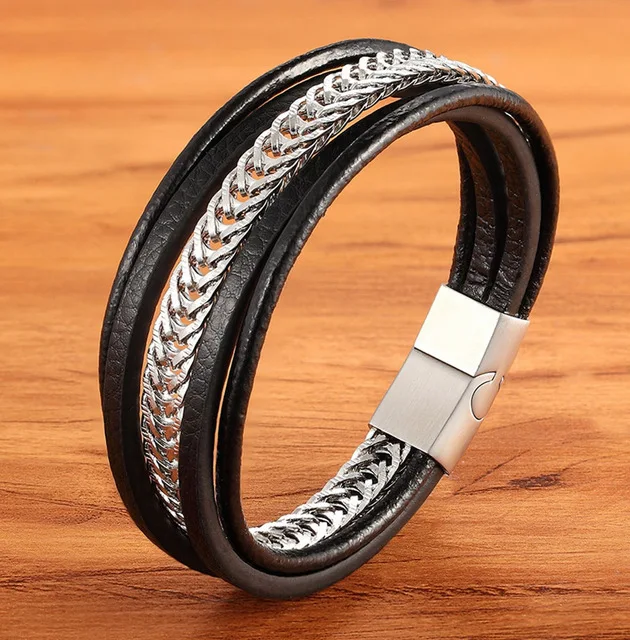 Fashion Geometrically Irregular Graphics Stainless Steel Genuine Leather Bracelet Black Color Accessories Chain Jewelry For Men