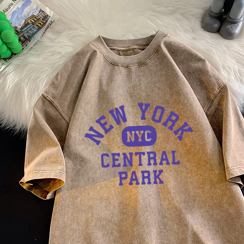 New York Central Park Letter T-shirt Men Retro Washed Shirt Cotton Oversize Loose Short Sleeve Summer Loose T-shirts Men Tiki