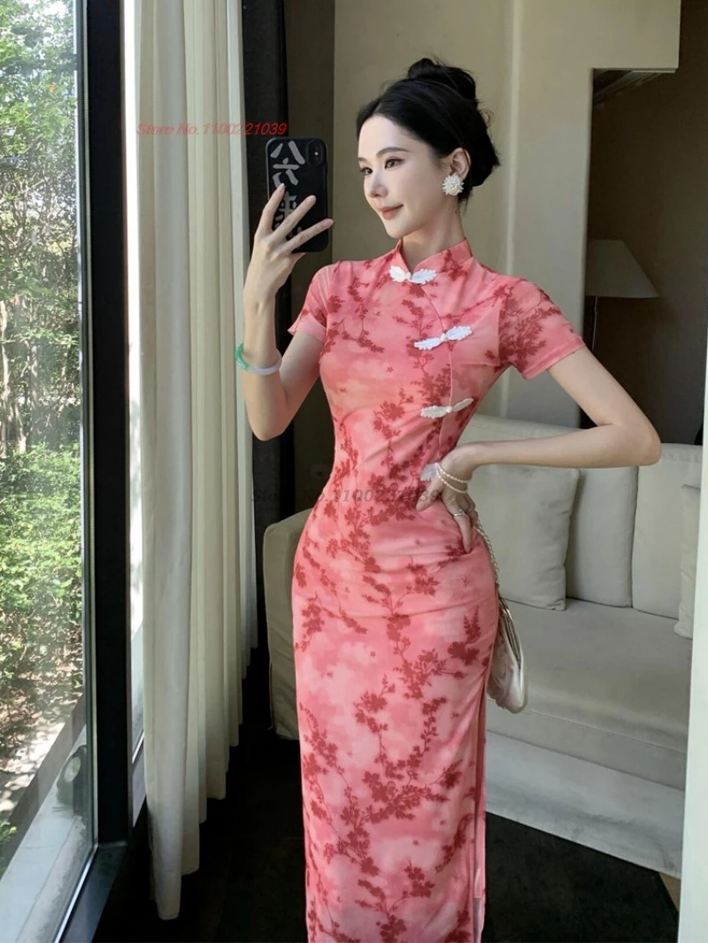 

2026 chinese sexy qipao improved cheongsam vintage flower print mesh qipao traditional nightclub banquet evening dress vestido