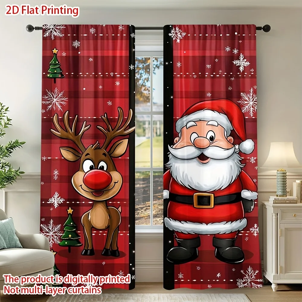 2PCS Christmas Curtains, Santa Reindeer Red Plaid Tree, Digital Print, Bedroom Living Room, Rod Pocket Polyester, Home Decor
