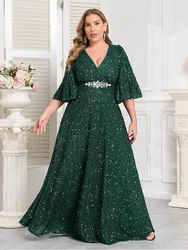 Plus Size V Neck Short Sleeve Floor-length Kind Sequin Evening Dress 4XL 5XL BigSize Wedding Banquet Floor-length Prom Gowm