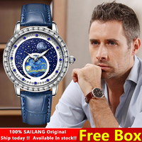 100%Original SAILANG Men Watch Waterproof Leather Strap Simple Fashion Starry Sky Swarovski Diamonds Men’s Luxury WristWatch