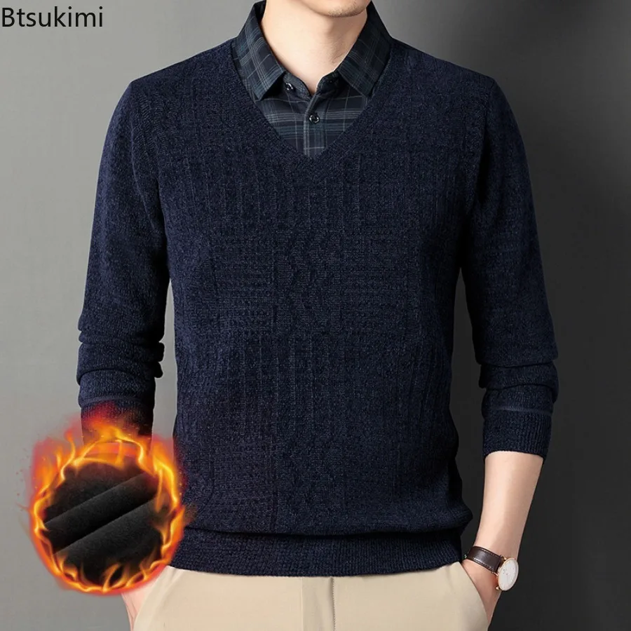 

Men's Fleece Sweater Thickened Pullover Shirt Collar Sweaters Velvet Clothing Autumn and Winter Jumpers Fashion Knitwear Tops