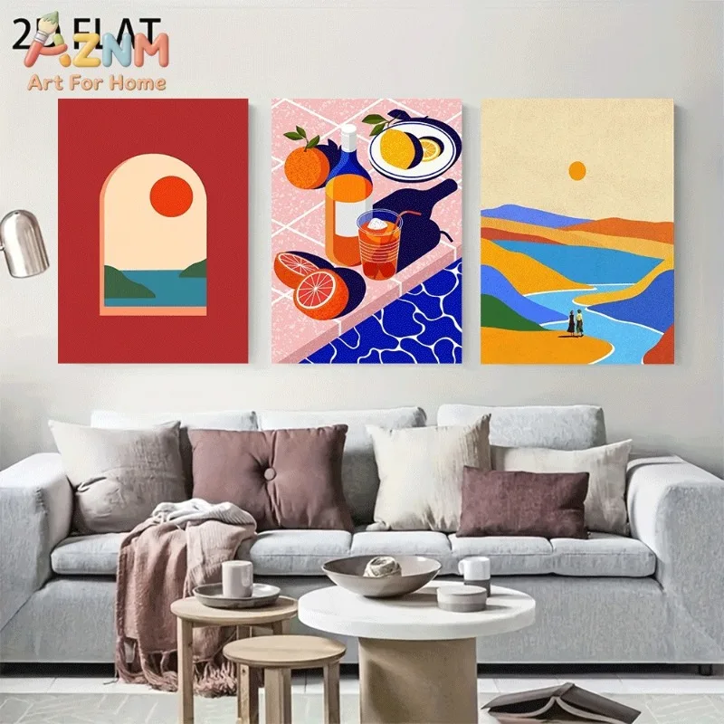 Unframed Canvas Wall Art 3pcs Arch Sunset Fruit Wine Still Life Mountain River Figure Abstract Poster Print for Home Wall Decora