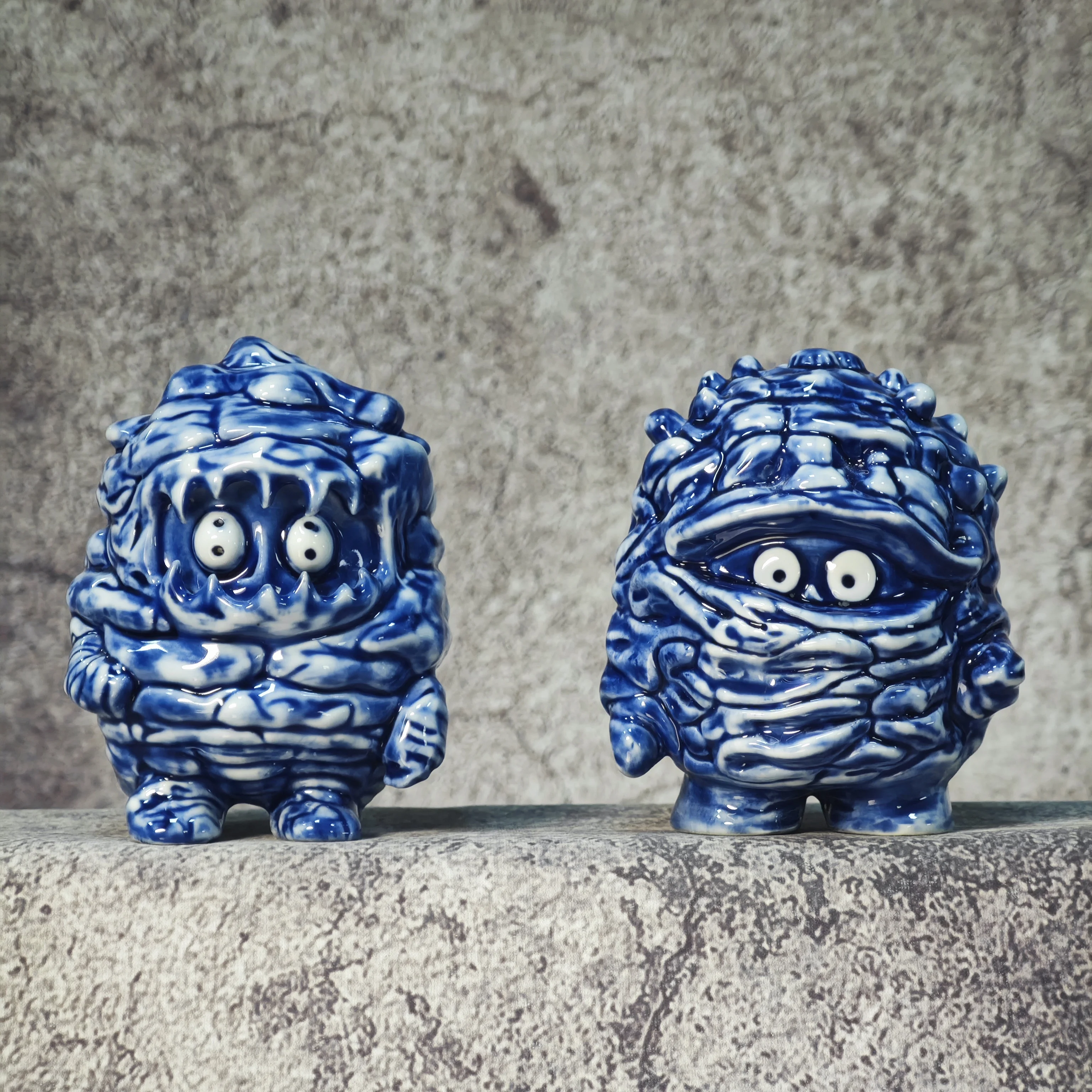 Textured Monster Blue and White Porcelain Figurine, Trendy Desktop Ornament for Green Plant Landscape, Creative Unique Home Deco