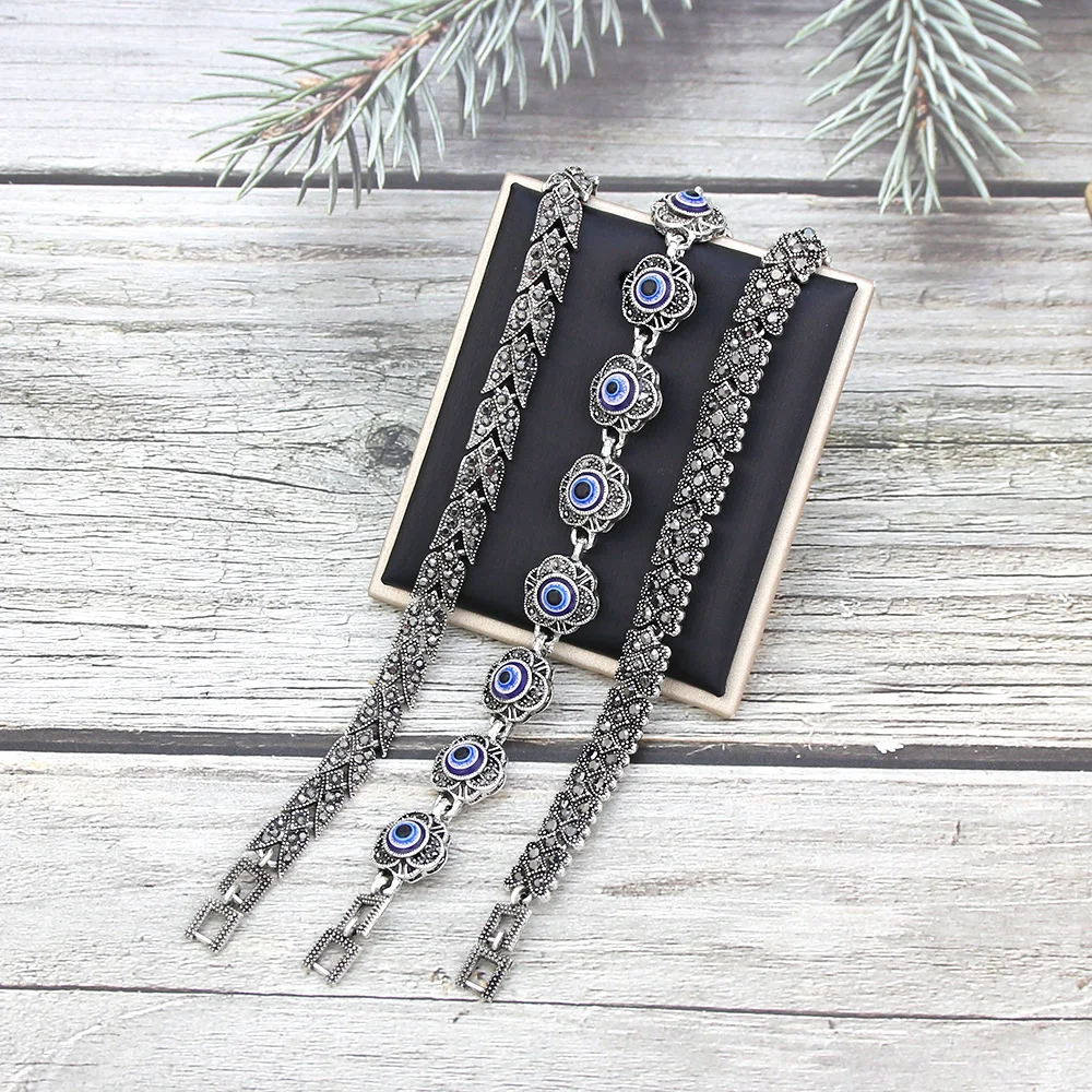 Ladies Favorite Gift Vintage Turkish Bracelet Silver Color Crystal Bohemia Link Bracelet Charm Evil Eye Jewelry