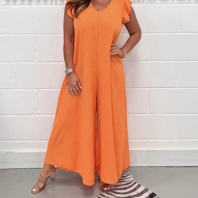 2023 Zomer Nieuwe Elegante Veelzijdige Dames 3/4 Mouw V-Hals Losse Taille Wijde Pijpen Casual Eenvoud Forenzenmode Jumpsuits