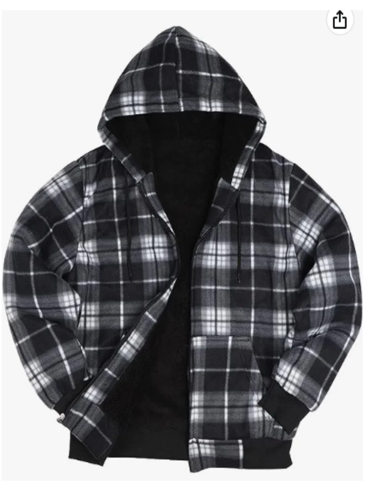 Mens Slim Fit Black Grey Plaid Hooded Jacket Casual Zip Up Shirt Coat Outwear