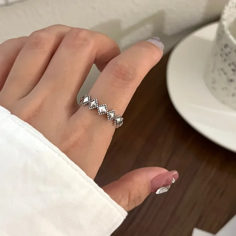 Real 925 Sterling Silver Making Old Geometric Rhombus Opening Adjustable Ring for Women Fine Jewelry Minimalist Accessories