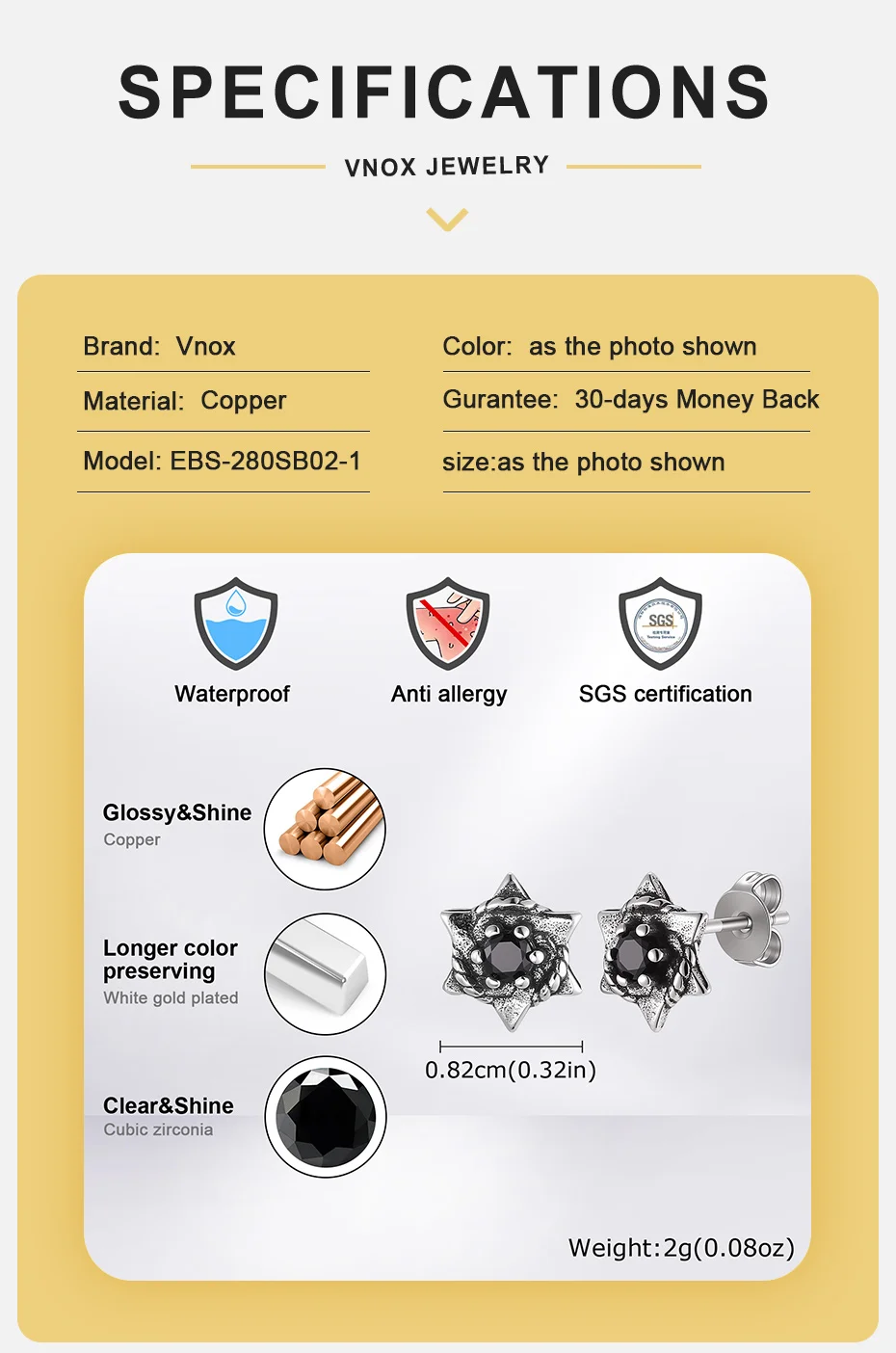Vnox Herren Hexagramm Ohrstecker Kupfer Schwarz Weiß Zirkon Sechszackiger Stern Punk Retro Ohrstecker Schmuck für Männer Partygeschenke – Detail 4