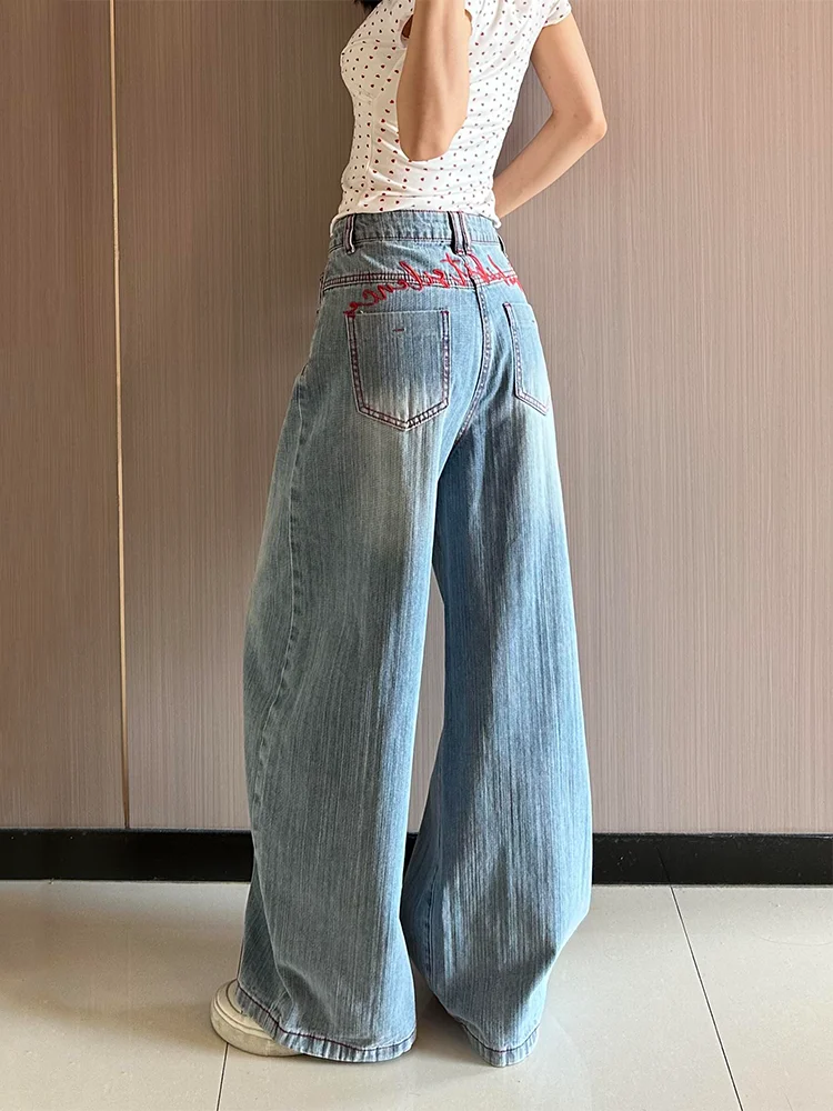 

Ретро джинсы-клеш большого размера светло-голубого цвета с вышивкой, женские, новый стиль, с текстурной строчкой, свободные, универсальные, модель «Нож»