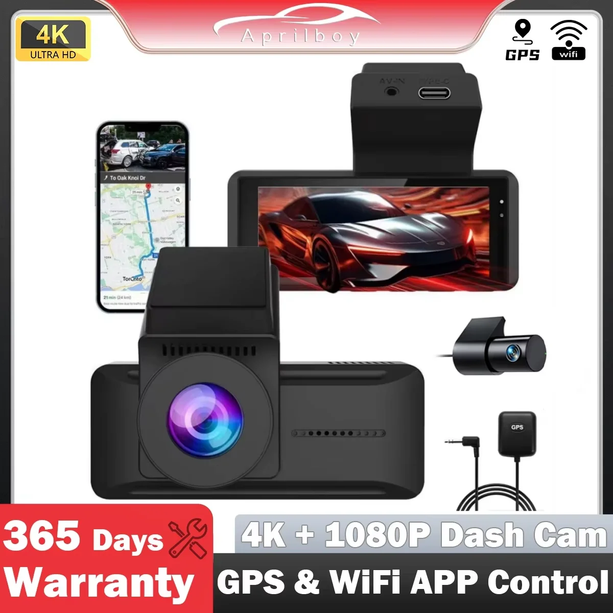 Aprilboy WIFI Dash Cam 4K Front Camera 1080P Dual Lens Dashcam Car DVR Video Recorder with GPS Night Vision 24H Parking for Car