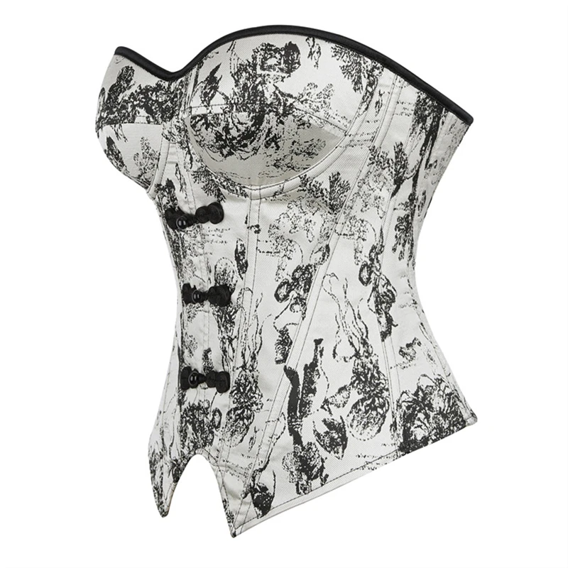 Women Sexy Overbust Corset Top French Style Slimming Retro Light Luxury Palace Print Boned Strapless Bodice