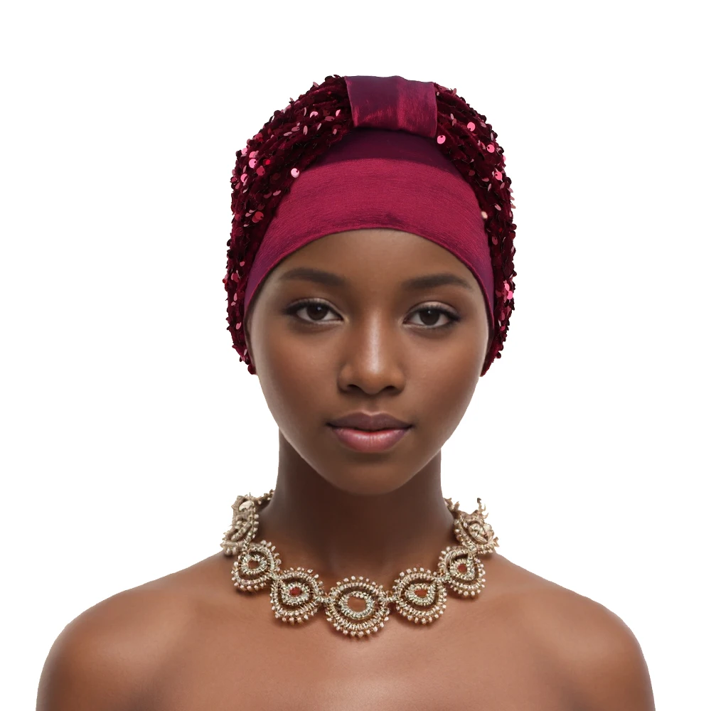 Afrcian Lady Head Wraps  Sequins Turban Cap for Women Muslim Turbans Hat Nigeria Headwear Headtie Turbante Mujer