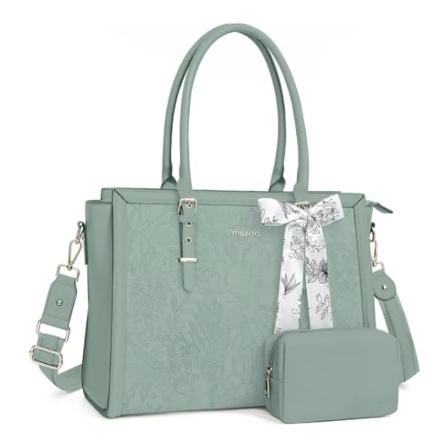 Laptop Bag for Women, 15.6- PU Leather Tote Bag Compatible with MacBook, HP, Dell, Asus Notebook, Front Embossed Retro Hibiscus