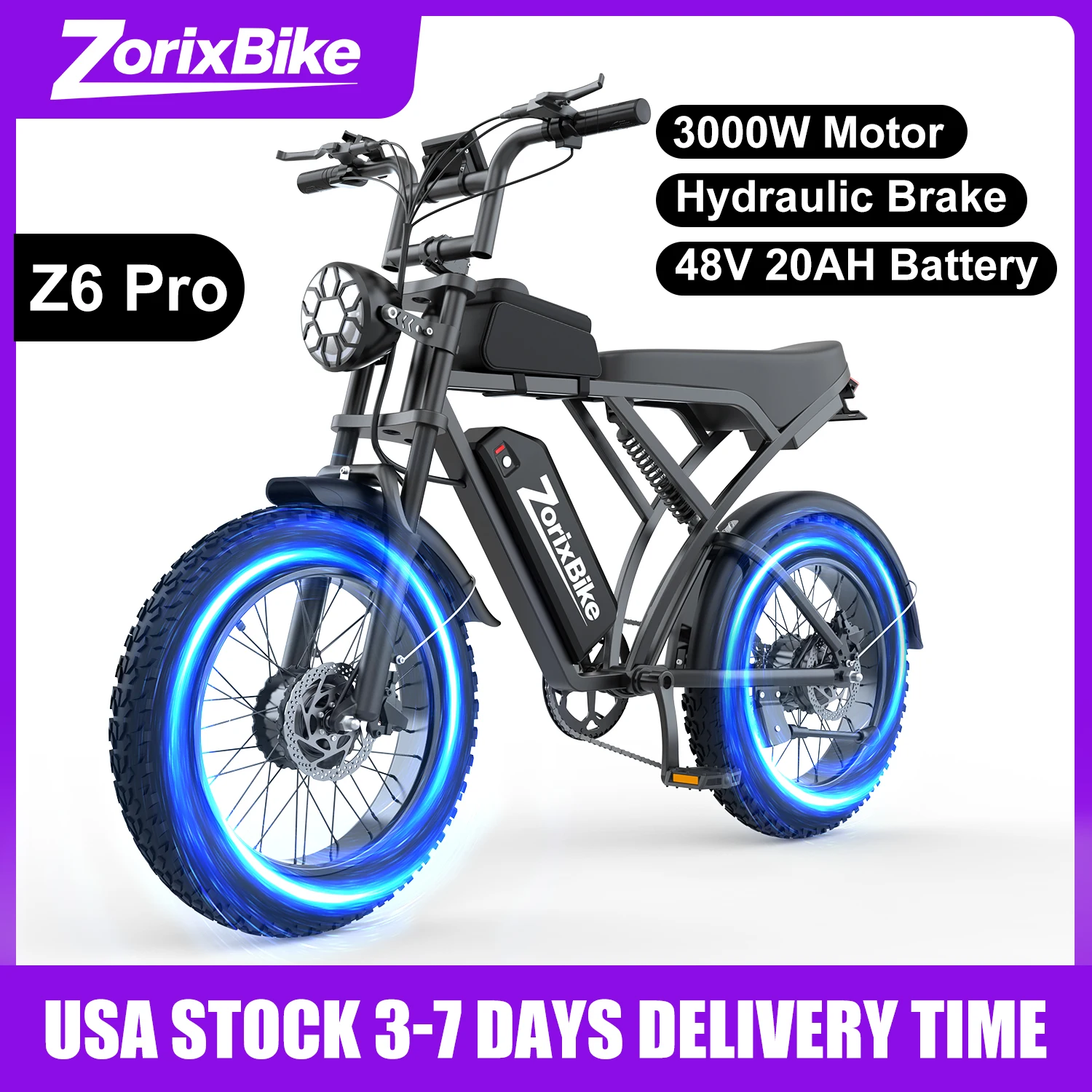 

Электровелосипед ZorixBike для взрослых, 3000 Вт, 35 миль/ч, 48 В, 20 Ач, запас хода до 80 миль, электромотоцикл с 20-дюймовыми широкими шинами, 7-скоростной электровелосипед Shimano