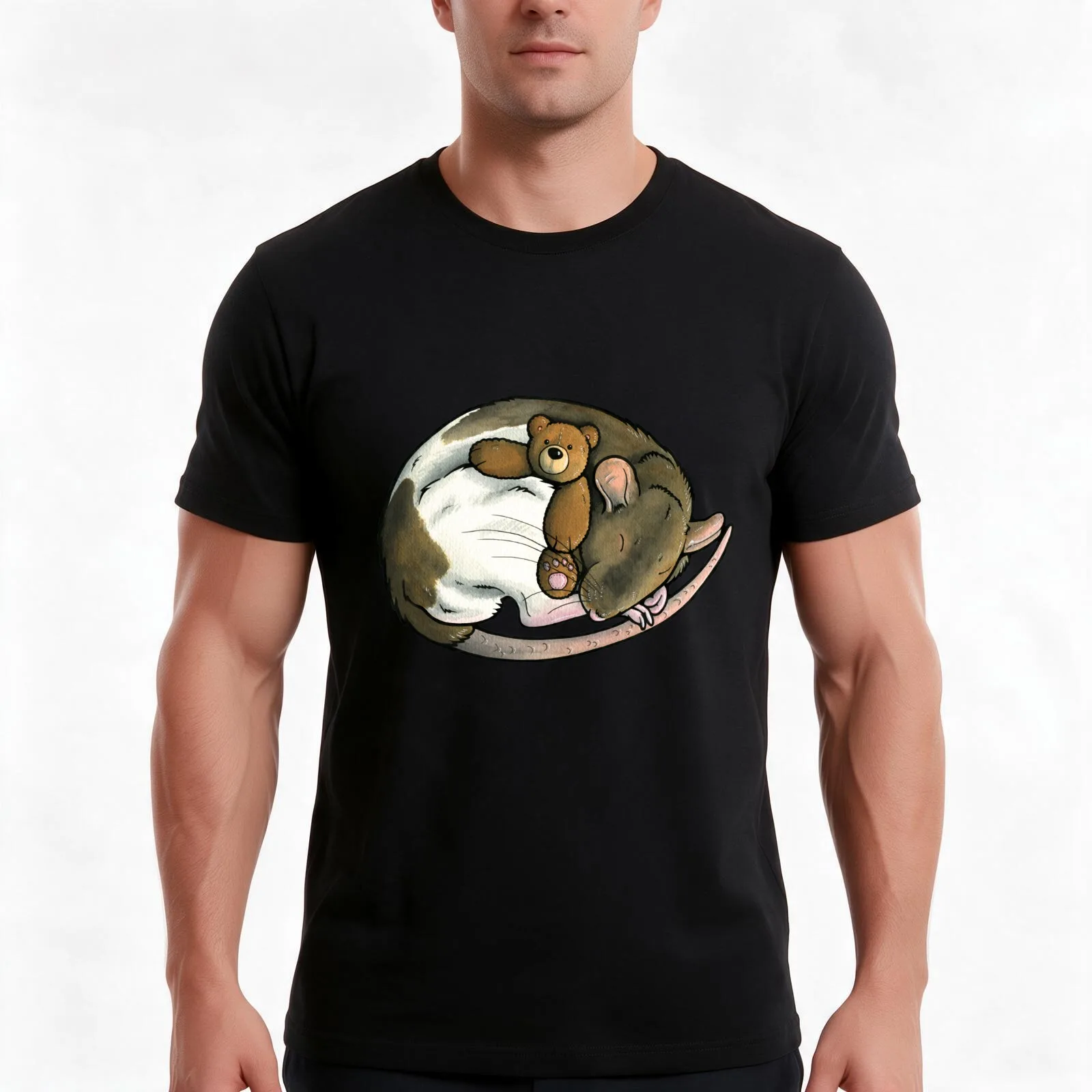 Sleeping agouti hooded rat T-Shirt, Summer Casual Cotton Tee, Oversized Streetwear Tops, Vintage Graphic Print, Unisex Men Women