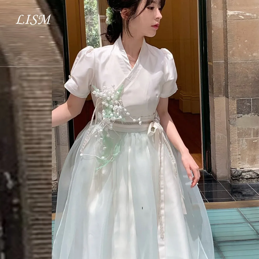 

LISM Customized Hanbok Mint Green Short Sleeves Korean Formal Dresses Evening Party Gown Women Wedding Photo Shoot Dresses