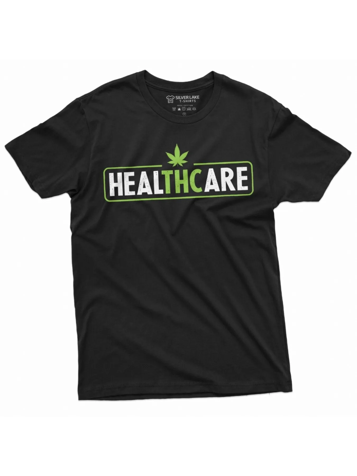 

Мужская футболка с рисунком Leaf & "HEALTHCARE", жирный зеленый, белый цвет, повседневная футболка обычного кроя, юмористическая, которую можно стирать в машине