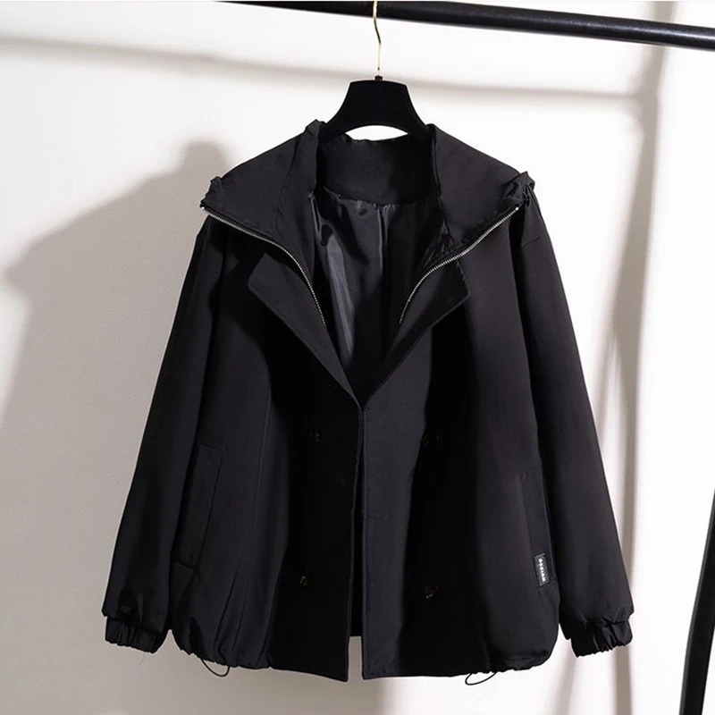 Tooling wind green hooded shoulder windbreaker jacket female 2025 early spring plus size fat mm short jacket jacket.