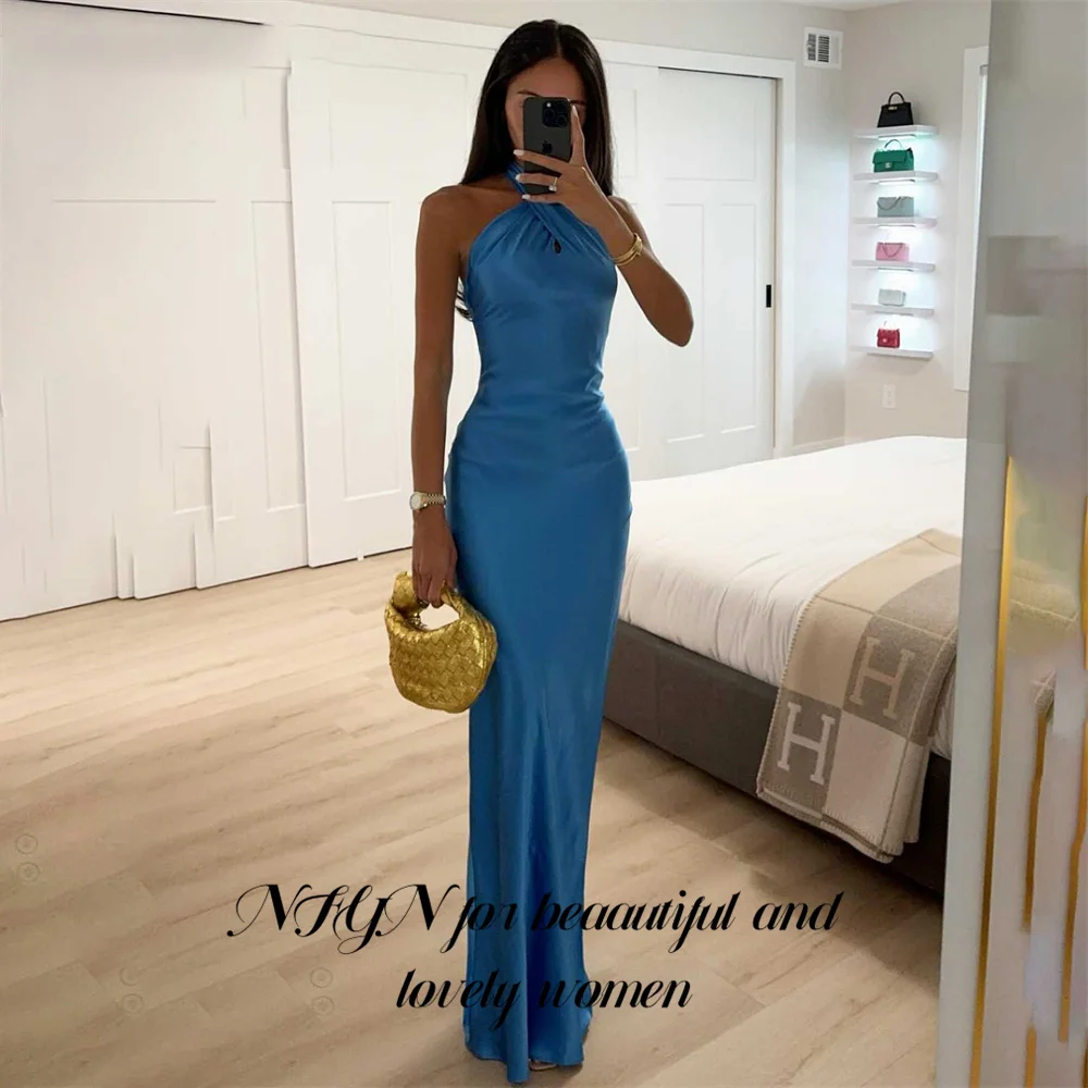 

NFYN Halter Blue Prom Dress Stain Trumpet Celebrity Dress Pleats Women's Evening Dress Sleeveless Formal Gown Customized