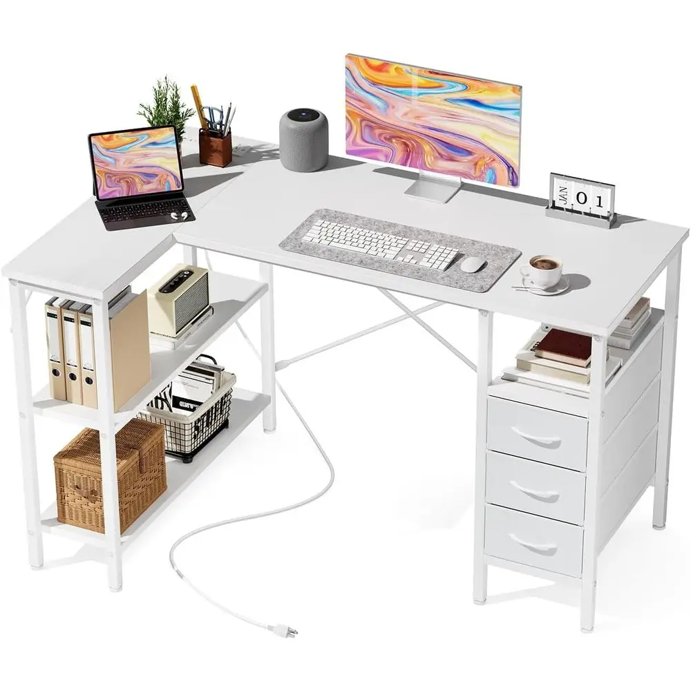 

47 White L-Shaped Desk with Adjustable Shelves, Power Outlet, Ideal for Gaming, Study, Home Office, and Reading