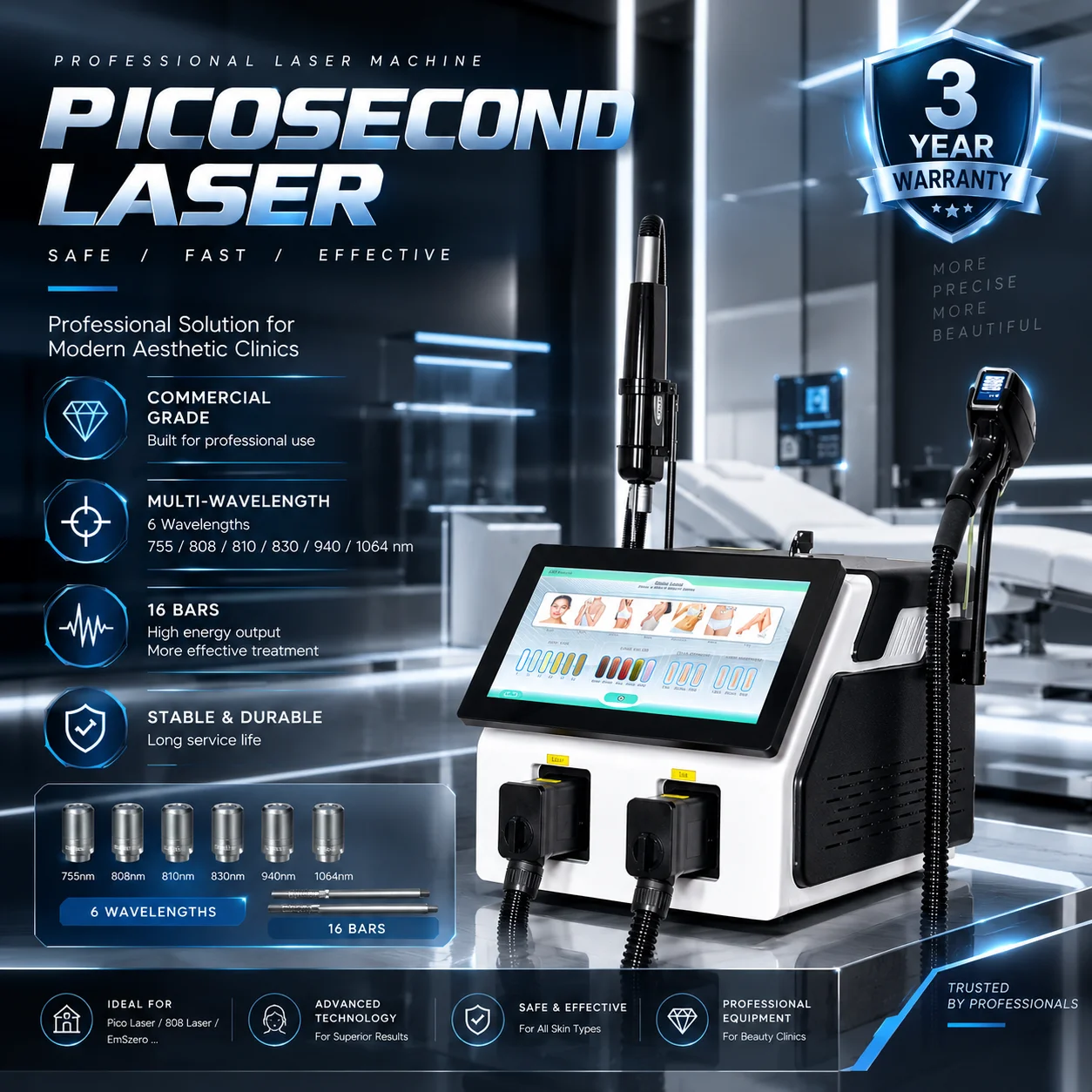 Portable 2in1 808 Diode Laser FAC 4Wavelengths Hair Remover Picosecond Tattoo Removal Device Collimation Ice Point Cooling