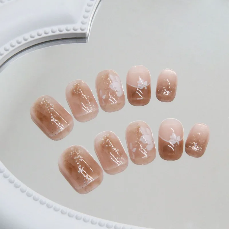 Imprensa destacável francesa em unhas postiças, brilho floral, unha acrílica falsa, dedo médio, dedo curto, outono, inverno, 24pcs