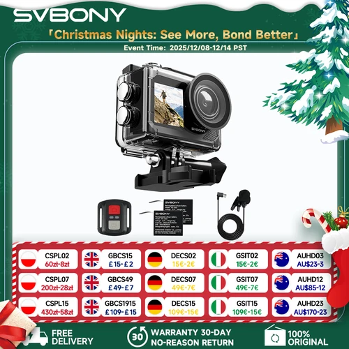 Imagen 1 del producto Svbony SVGo2 Cámara de Acción para Selfies Doble Pantalla Verdadero 4K Estabilización de Imagen 6 Ejes Funda Impermeable IPX8 Barra de Flotabilidad para Vlogs Submarinos y Surf