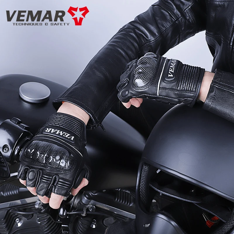 VEMAR Summer Half-Finger Motorcycle Gloves Sheepskin Cowhide Motorcycle Riding Gloves Carbon Fiber Shell Leather Gloves