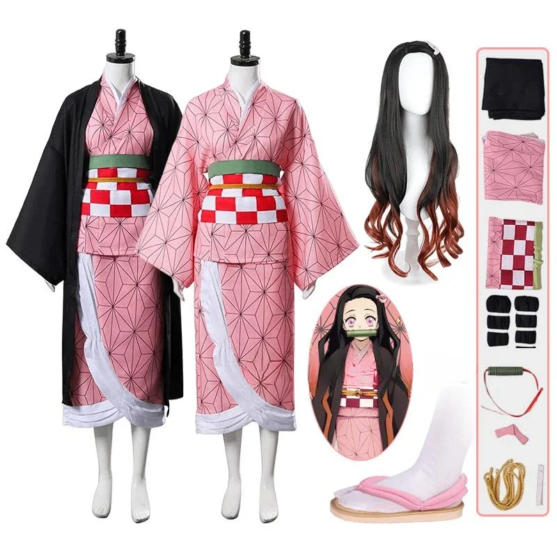 Anime Kamado Nezuko Cosplay Costume Costumes Kimono Haori Wig Clogs Suit for Adult Kids Halloween