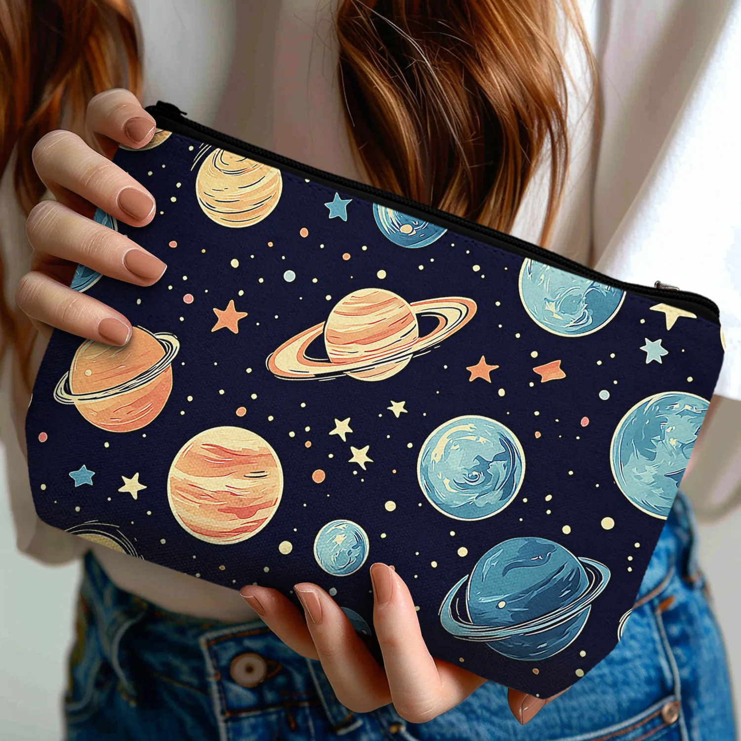 1Pc Cute Space Portable Makeup Bag With Zipper For Colorful Makeup A Special Gift For Women. Creative Design