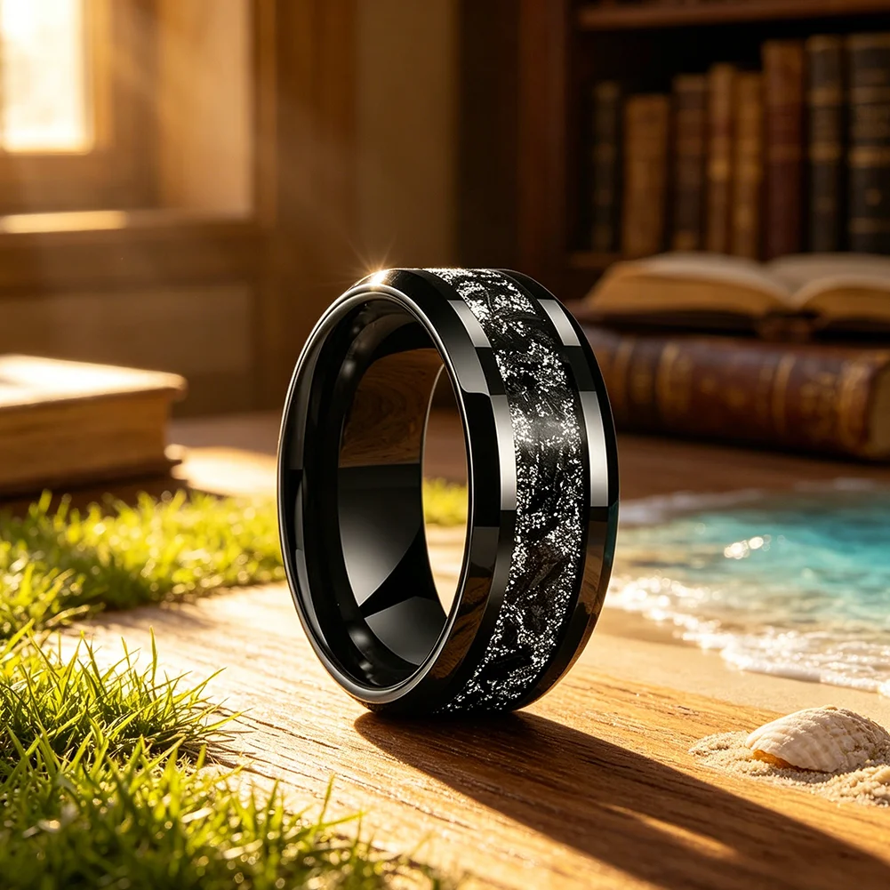 8mm schwarzer Titan-Chip-Inlay-Wolframcarbid-Ring, Verlobungs- und Eheringe für Männer und Frauen, abgeschrägter Modeschmuck, bequeme Passform – Detail 1