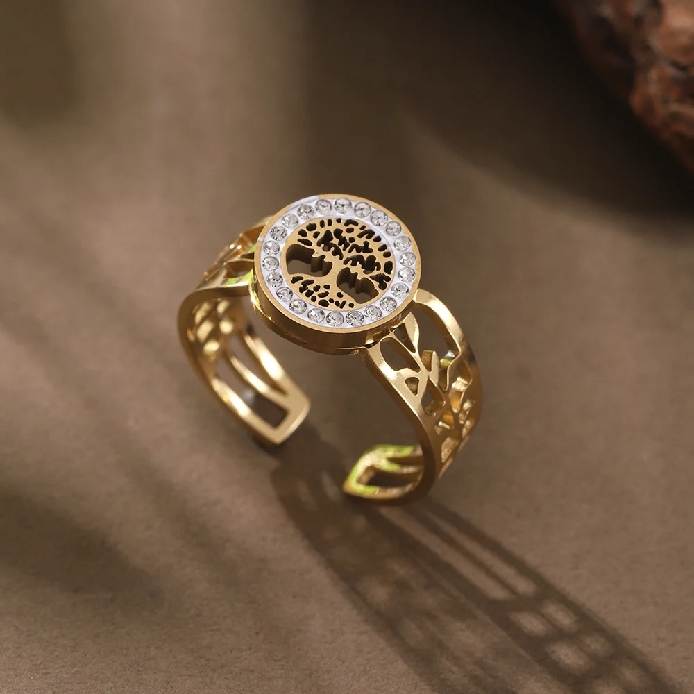 Fashion Geometric Open Stainless Steel Ring for Women Accessories Inlaid Rhinestone Gold Color Ring Daily Party Jewelry Gift