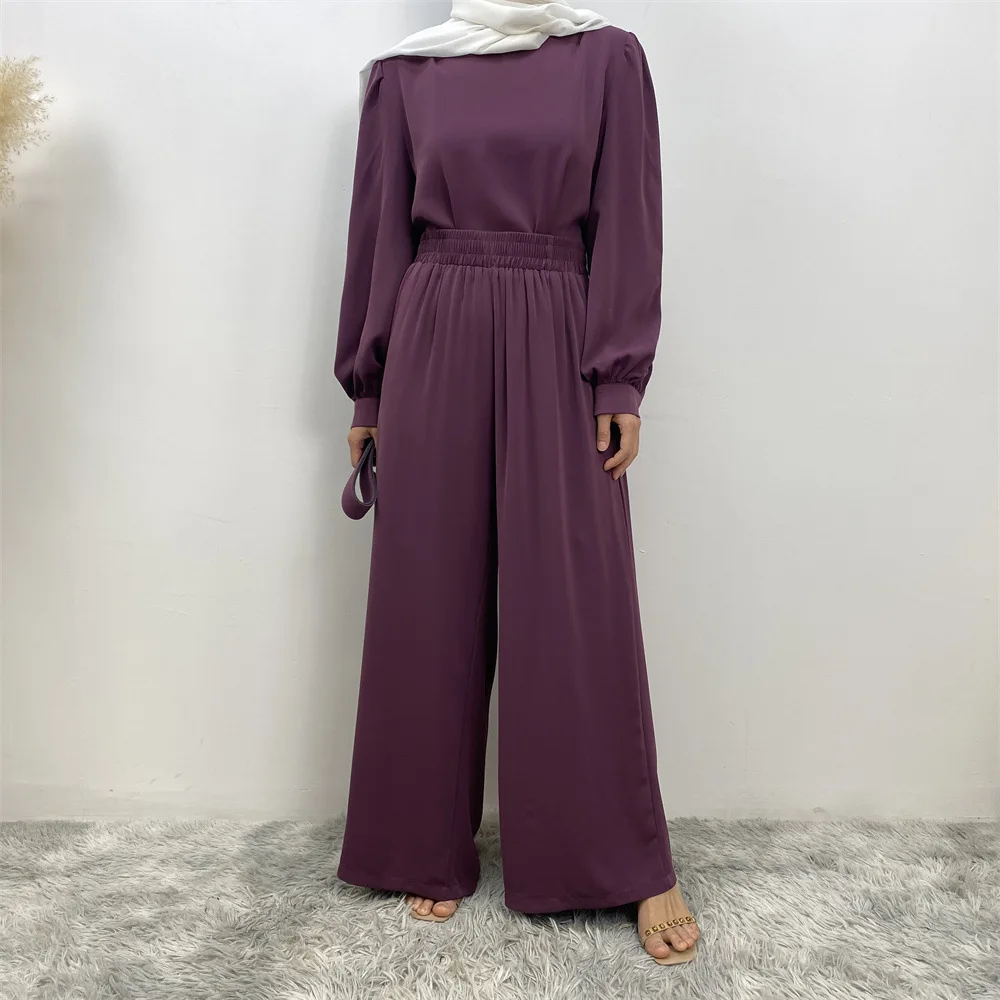 Muslim Women Matching Sets Long Sleeve Solid Color Belt Tops And Loose Pant Suits Elegant Fashion Casual Tracksuit Kaftan 2024