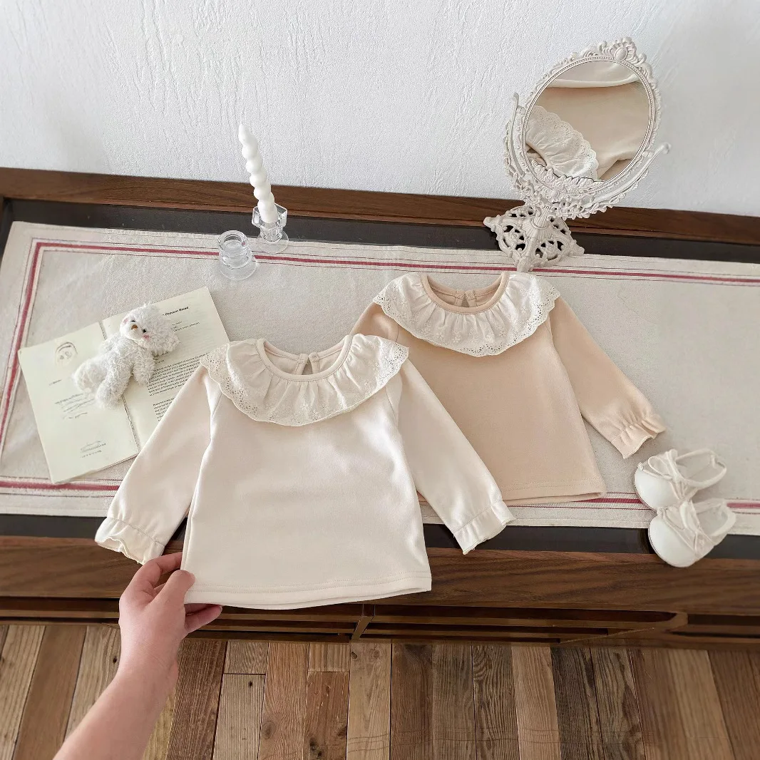

Spring New Baby Fleece Top, Warm Lace Collar Layering Shirt, Princess Style Baby T-Shirt with Turn-Down Collar