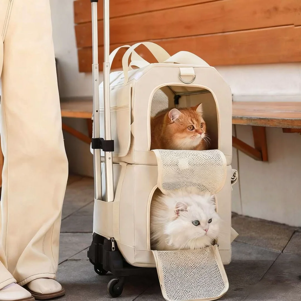 Large Capacity Double-Decker Pet Trolley Case Spring Summer Breathable Dog Cat Backpack Push-Pull Cat Handbag with Bus Design