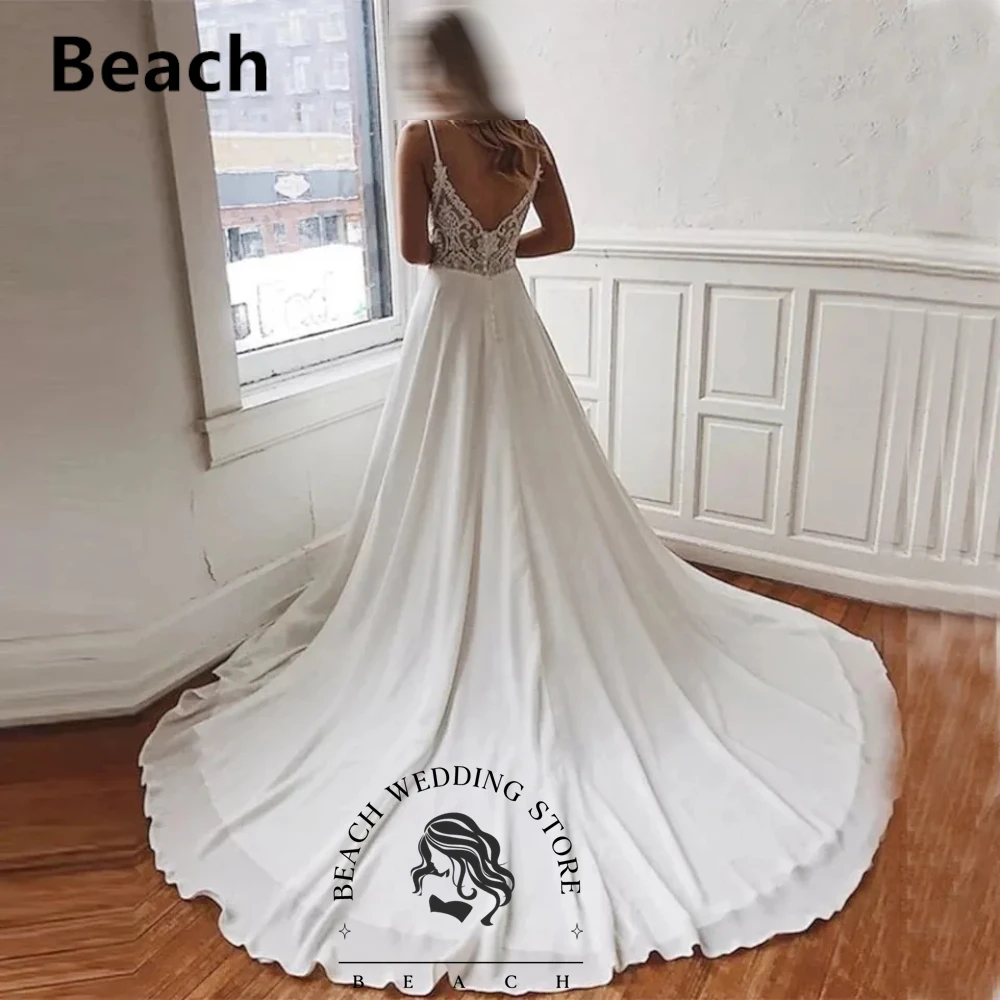 Praia personalizado cinta de espaguete com decote em v vestidos de casamento rendas apliques sem costas elegante vestido de noiva vestidos a linha trem varredura