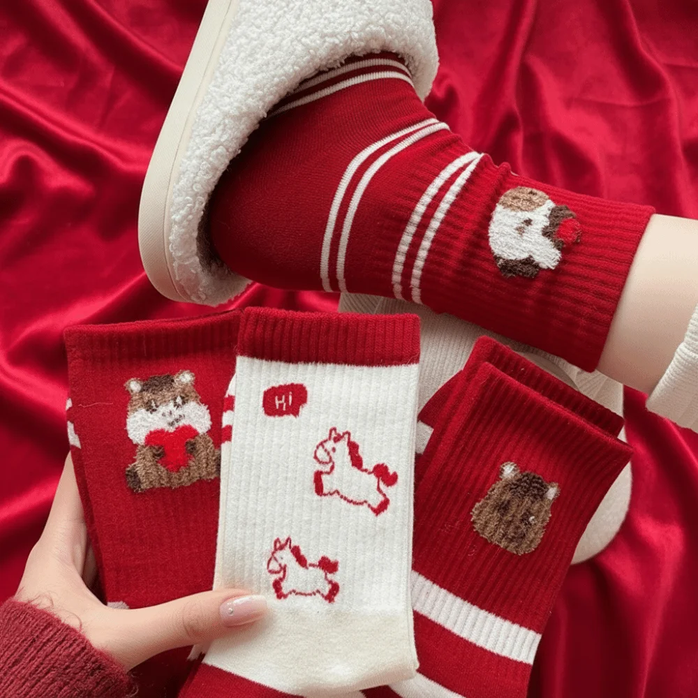

Cotton Horse Pattern Socks Elastic Soft Cartoon Red Socks Comfortable Year Of The Horse Socks Autumn Winter Zodiac Year Socks