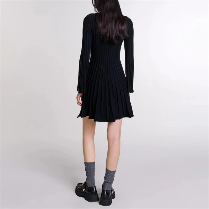 Autumn New women's round Neck button decorationFlared long Sleeve knitted dress y2k high Quality Fashion ribbed hollowSlim dress