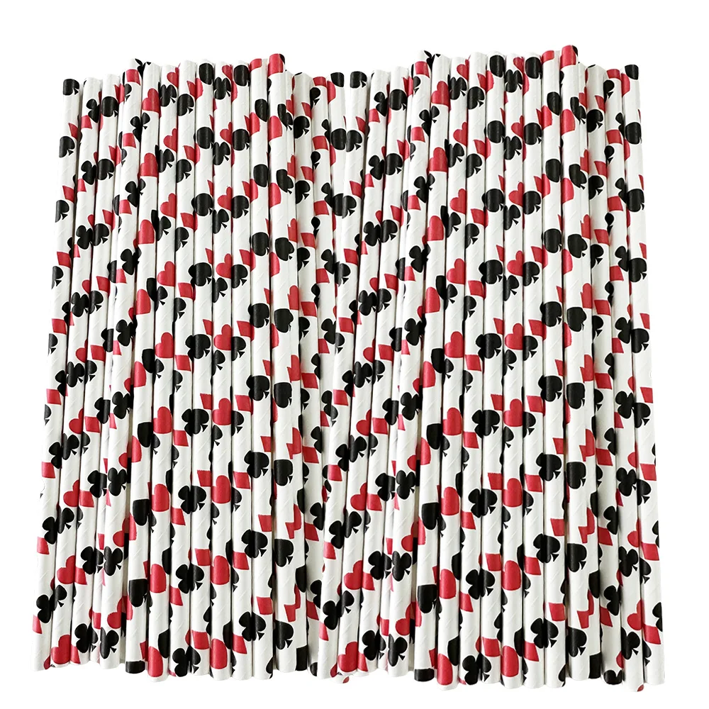 50Pcs Casino Las Vegas Theme Paper Straws - Ace Spade Heart Diamond Card Design - Black Red White Birthday Party Supplies